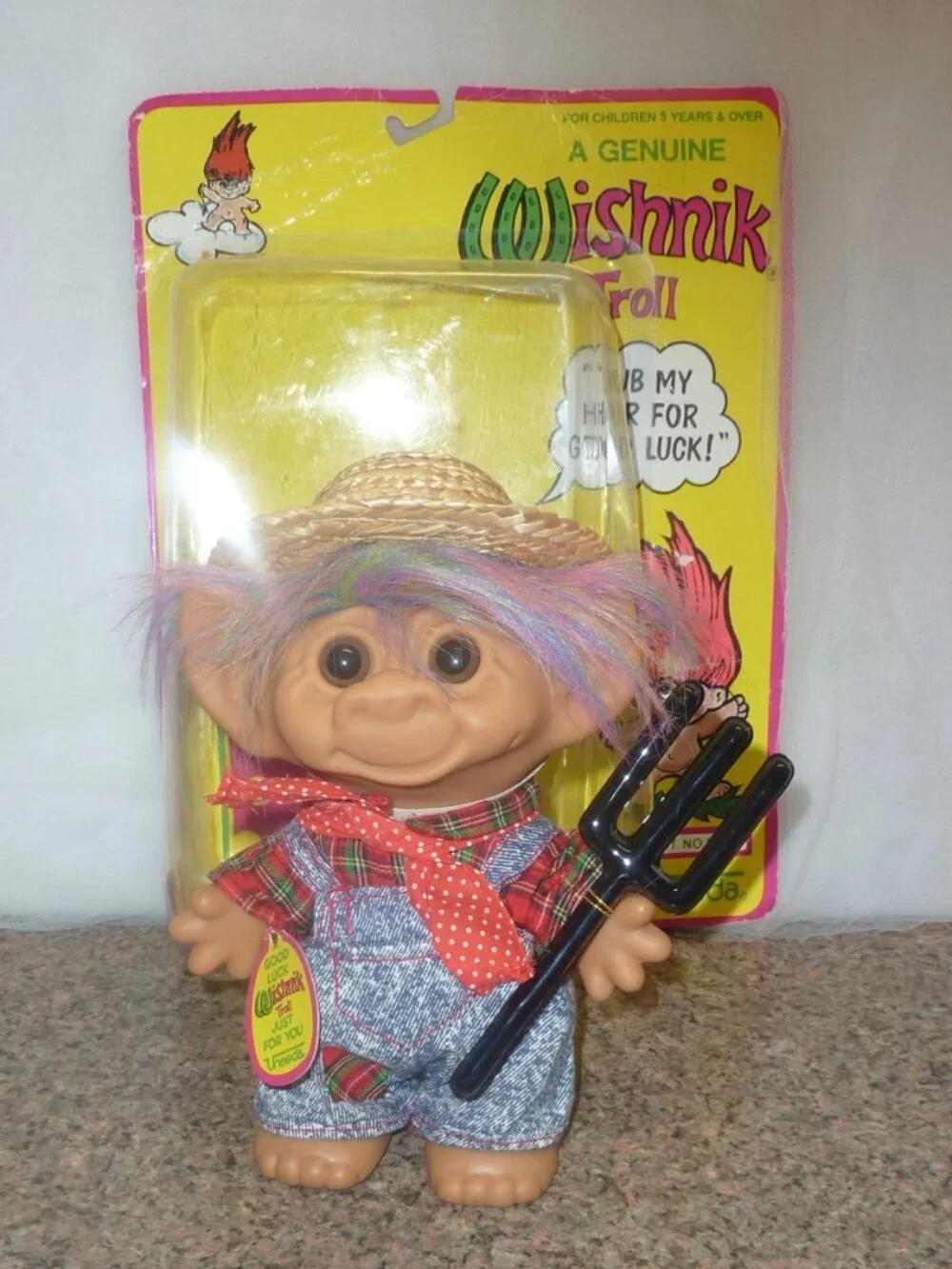 1991 Uneeda Wishnik Farmer 8 inch TROLL Doll with packaging and label.